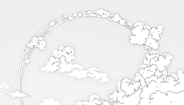 Um desenho em preto e branco de um arco-íris sobre nuvens fofas, com um color panel sugerindo as cores vibrantes.