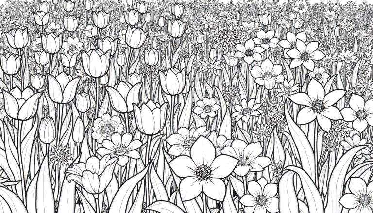 Ilustração em preto e branco de um campo de flores com tulipas e margaridas em diferentes fases de floração.