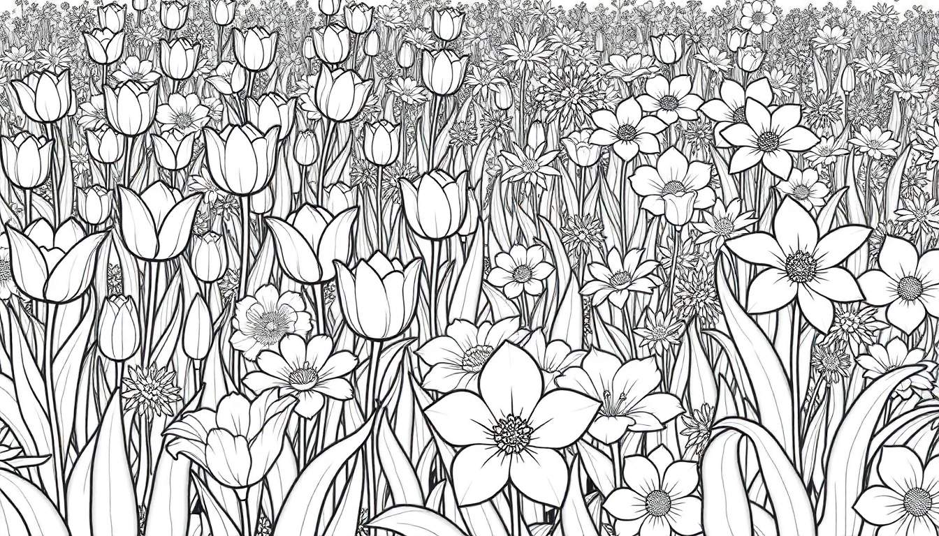 Ilustração em preto e branco de um campo de flores com tulipas e margaridas em diferentes fases de floração.