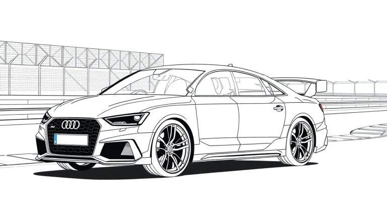 Um Audi RS3 Sedan preto e branco em uma pista de corrida, pronto para receber cores do color panel.