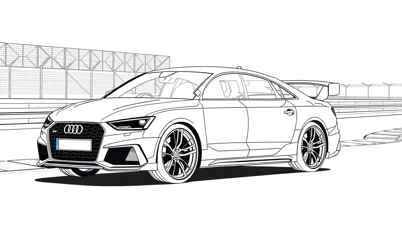 Um Audi RS3 Sedan preto e branco em uma pista de corrida, pronto para receber cores do color panel.