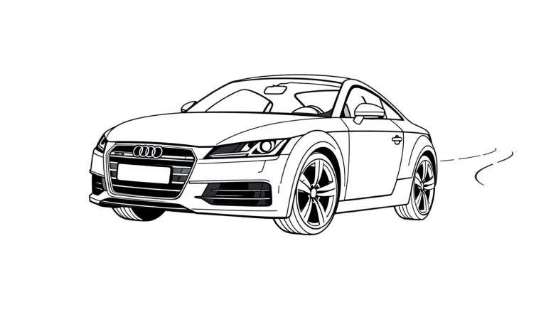 Um carro esportivo Audi TT preto e branco desenhado em estilo de linha, com um traço de movimento atrás da roda traseira.