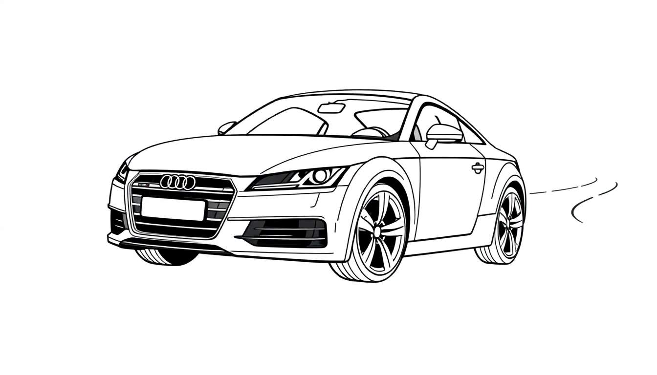 Um carro esportivo Audi TT preto e branco desenhado em estilo de linha, com um traço de movimento atrás da roda traseira.