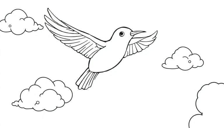 Ilustração em preto e branco de uma ave em voo com as asas abertas, rodeada por nuvens com contornos simples. Ideal para colorir.
