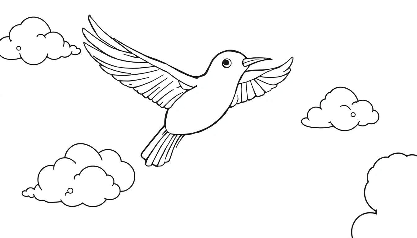 Ilustração em preto e branco de uma ave em voo com as asas abertas, rodeada por nuvens com contornos simples. Ideal para colorir.