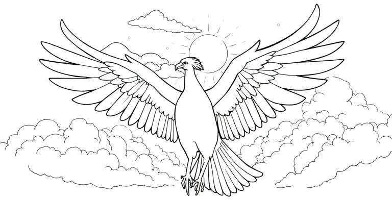 Desenho em preto e branco de uma águia ou falcão em voo contra nuvens e sol, pronto para colorir.