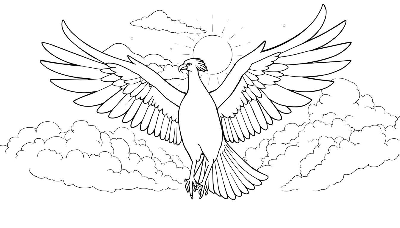 Desenho em preto e branco de uma águia ou falcão em voo contra nuvens e sol, pronto para colorir.