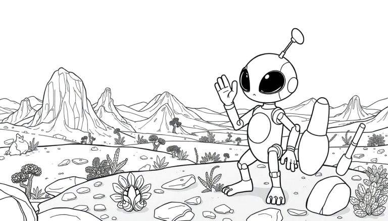 Desenho a preto e branco de um alienígena simpático acenando ao lado de uma cápsula em paisagem desértica, estilo color panel.