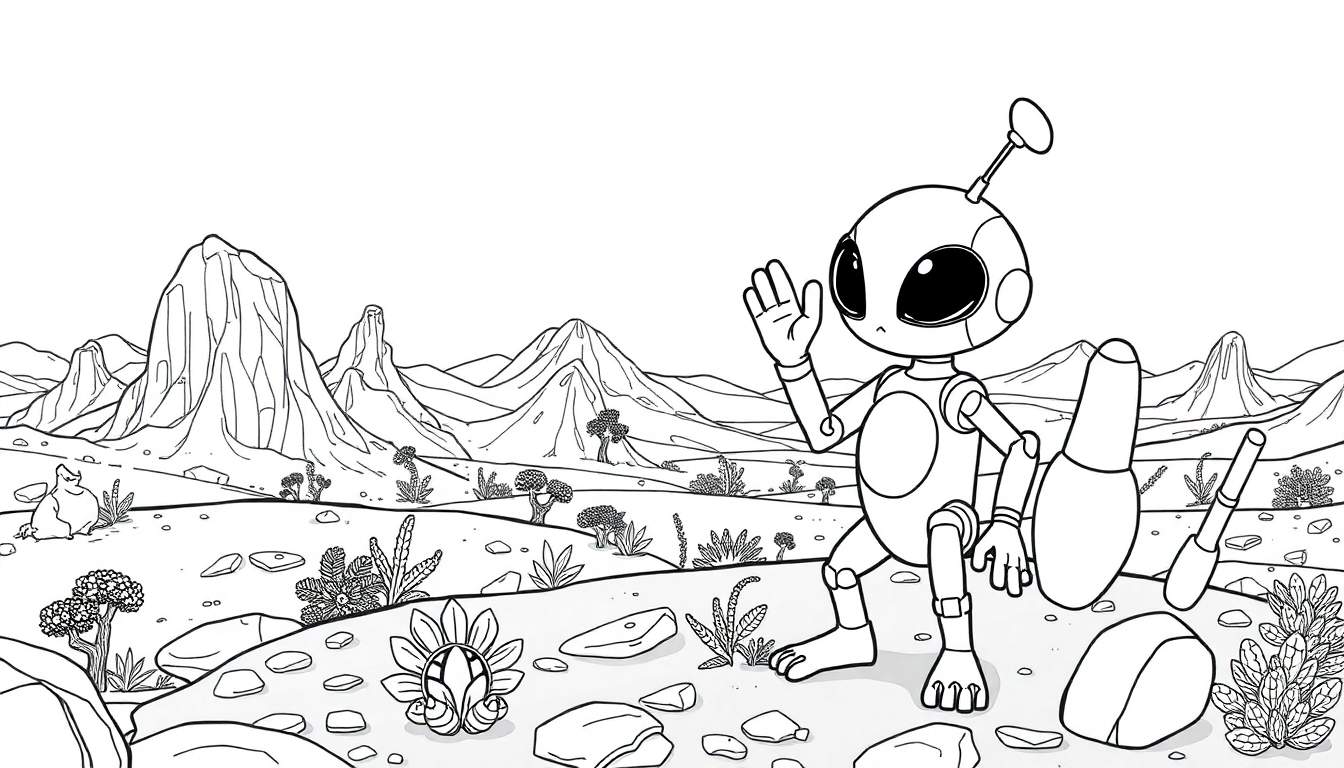 Desenho a preto e branco de um alienígena simpático acenando ao lado de uma cápsula em paisagem desértica, estilo color panel.