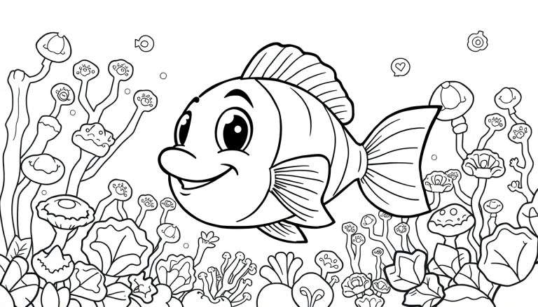 Um peixe sorridente com olhos grandes e barbatanas detalhadas, nadando em um ambiente subaquático cheio de plantas marinhas e bolhas. Um convite para usar o color panel.