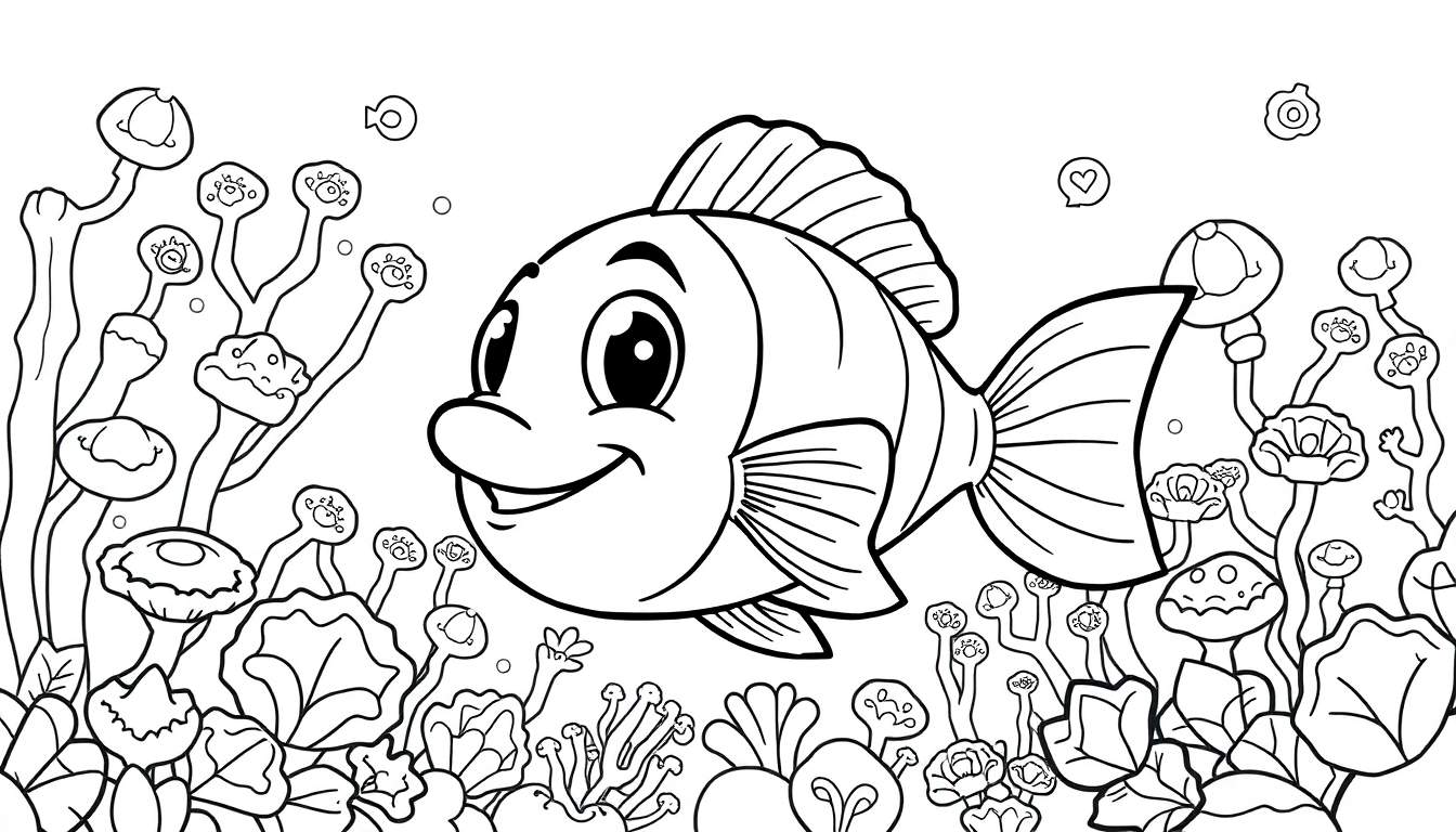 Um peixe sorridente com olhos grandes e barbatanas detalhadas, nadando em um ambiente subaquático cheio de plantas marinhas e bolhas. Um convite para usar o color panel.