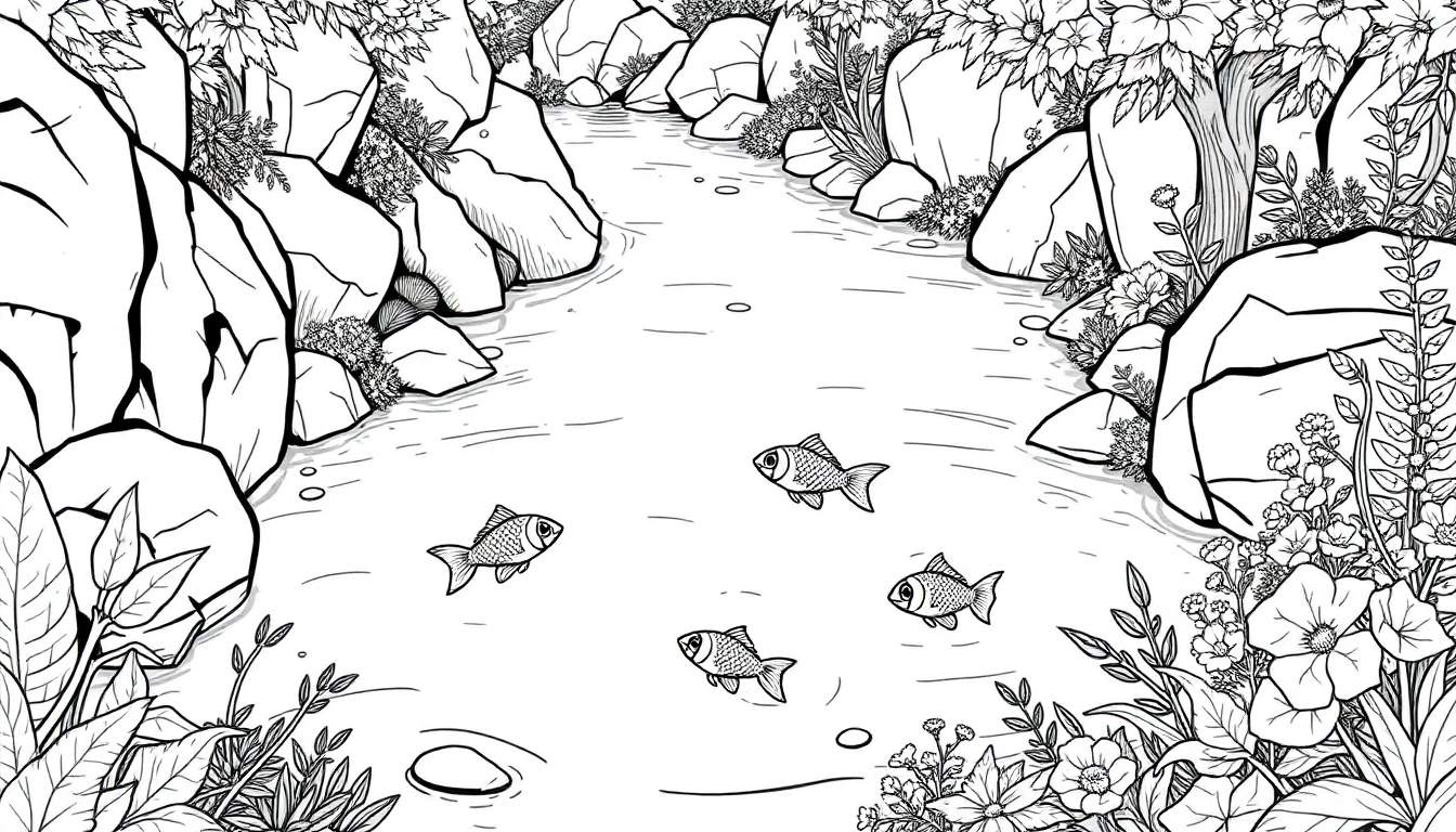 Um desenho em preto e branco de um riacho com pedras e vegetação. Quatro peixinhos nadam na água límpida. Um color panel para pintar.
