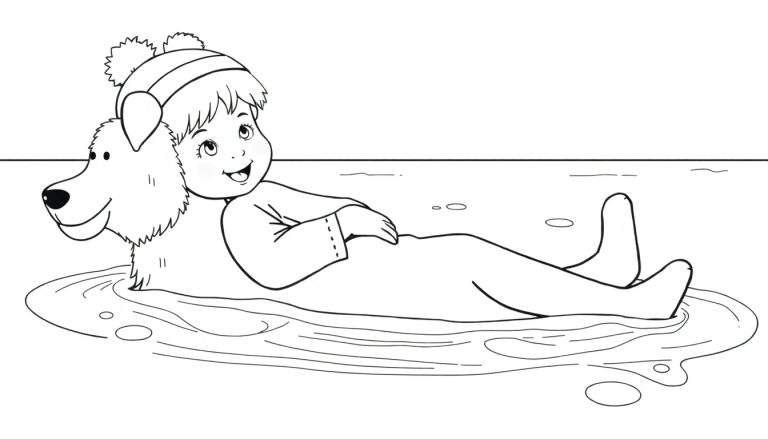 Criança e cachorro flutuando na água em um desenho de linha, um color panel.