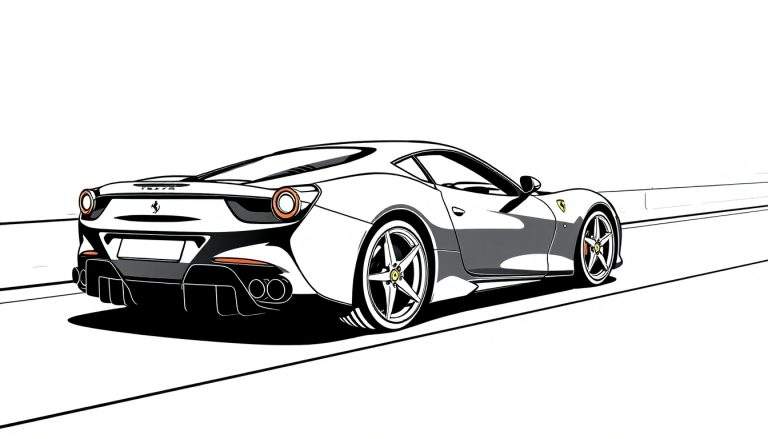 Um desenho estilizado de um carro esportivo branco e preto com detalhes laranja, em uma estrada, com um color panel em fundo.