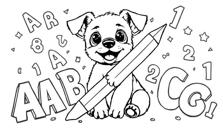 Um cachorrinho fofo em um color panel segurando um lápis grande, cercado por letras e números flutuantes.