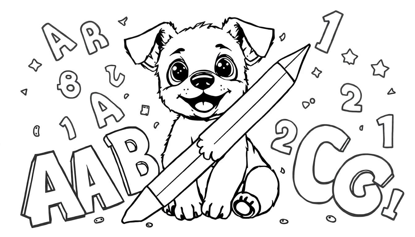 Um cachorrinho fofo em um color panel segurando um lápis grande, cercado por letras e números flutuantes.