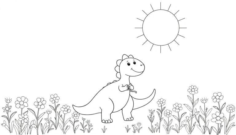 Um dinossauro de desenho animado sorridente com um balão colorido em um campo florido, sob um sol radiante, pronto para colorir.