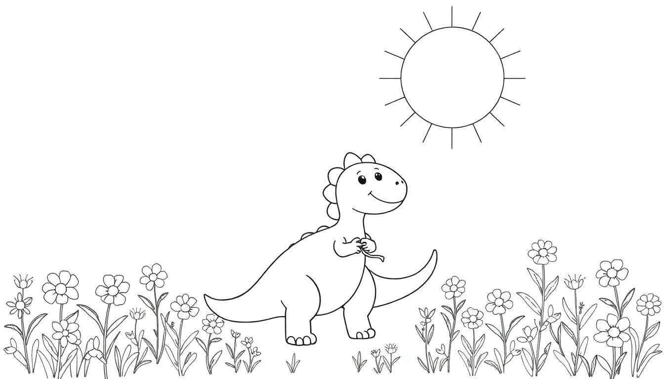 Um dinossauro de desenho animado sorridente com um balão colorido em um campo florido, sob um sol radiante, pronto para colorir.