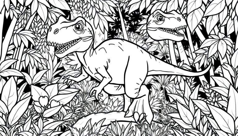 Um color panel de um Velociraptor amigável em uma floresta pré-histórica com garras afiadas e cauda comprida, pronto para ser pintado.