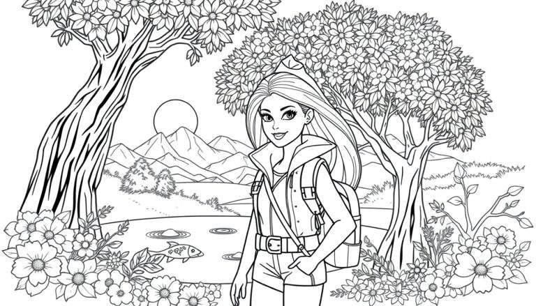 Ilustração em preto e branco de uma menina em um color panel com paisagem e flores.