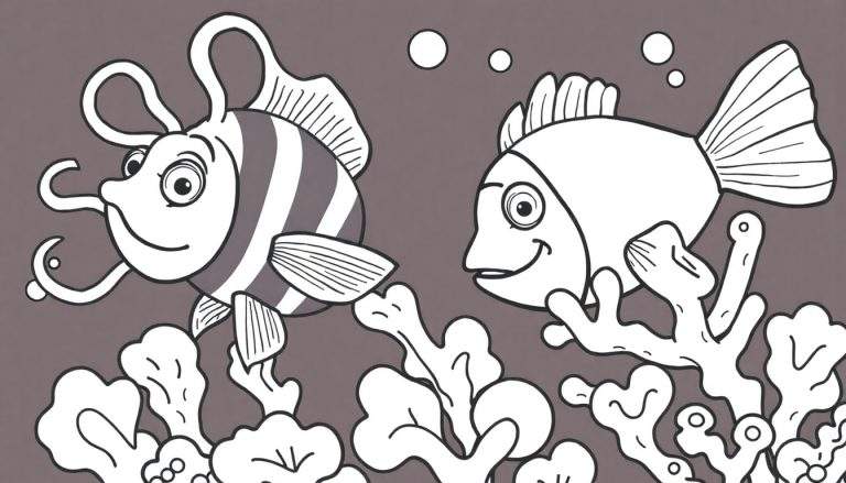 Desenho de contorno de dois peixes animados com listras grossas e um sorriso, nadando perto de corais com bolhas acima. Uma cena para um color panel.