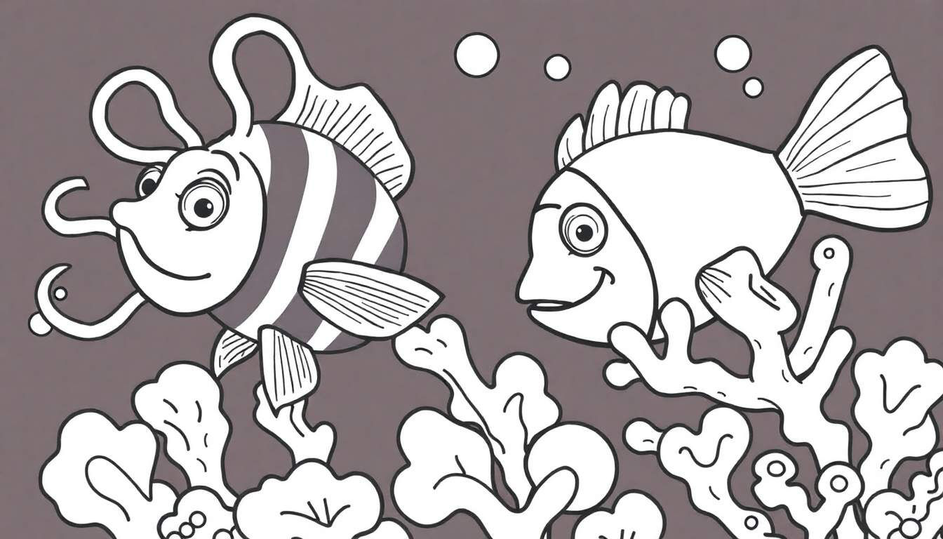 Desenho de contorno de dois peixes animados com listras grossas e um sorriso, nadando perto de corais com bolhas acima. Uma cena para um color panel.