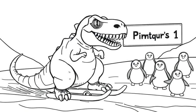 Um dinossauro T-Rex mal-humorado com esquís nos pés esquiando em um color panel, com cinco pinguins fofinhos em primeiro plano e montanhas ao fundo.