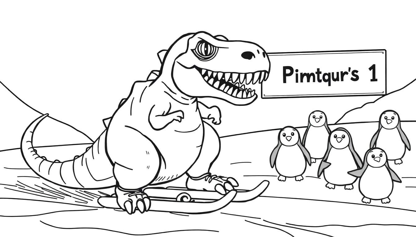 Um dinossauro T-Rex mal-humorado com esquís nos pés esquiando em um color panel, com cinco pinguins fofinhos em primeiro plano e montanhas ao fundo.