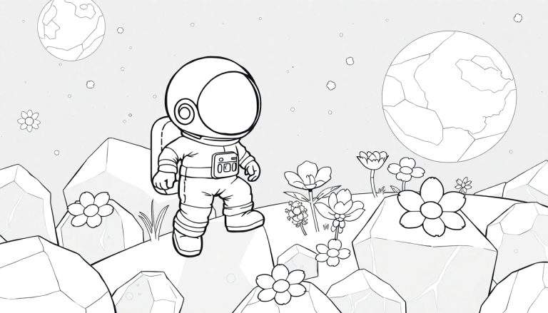 Um desenho simples em preto e branco de um astronauta em um planeta alienígena, rodeado por flores e rochas, com dois planetas e estrelas ao fundo. Este color panel está pronto para ser preenchido com cores vibrantes.