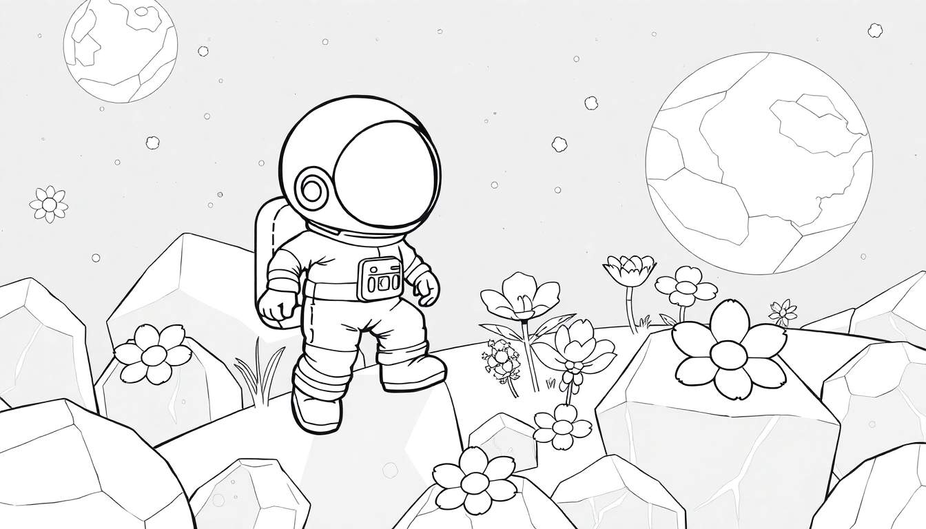 Um desenho simples em preto e branco de um astronauta em um planeta alienígena, rodeado por flores e rochas, com dois planetas e estrelas ao fundo. Este color panel está pronto para ser preenchido com cores vibrantes.