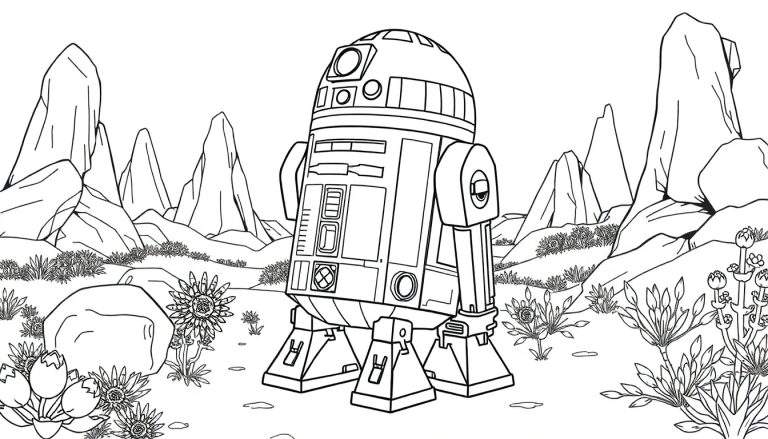 Desenho de contorno de R2-D2 em um deserto com rochas e plantas, pronto para colorir.