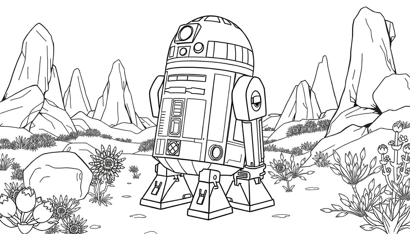 Desenho de contorno de R2-D2 em um deserto com rochas e plantas, pronto para colorir.