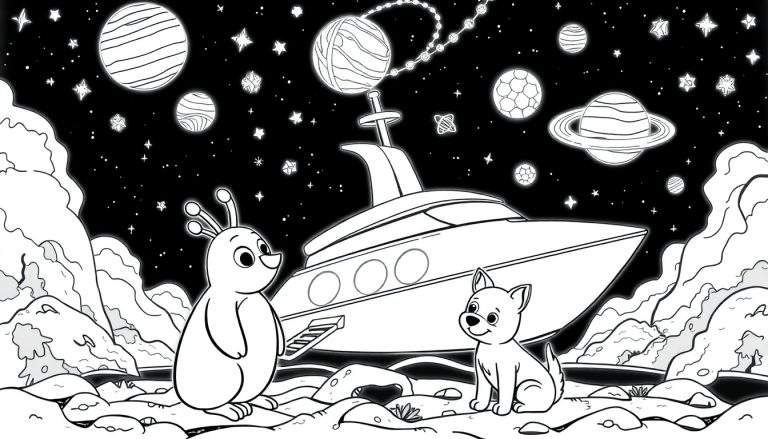 Um alienígena simpático e um cachorro fofo numa nave espacial com vista para planetas.