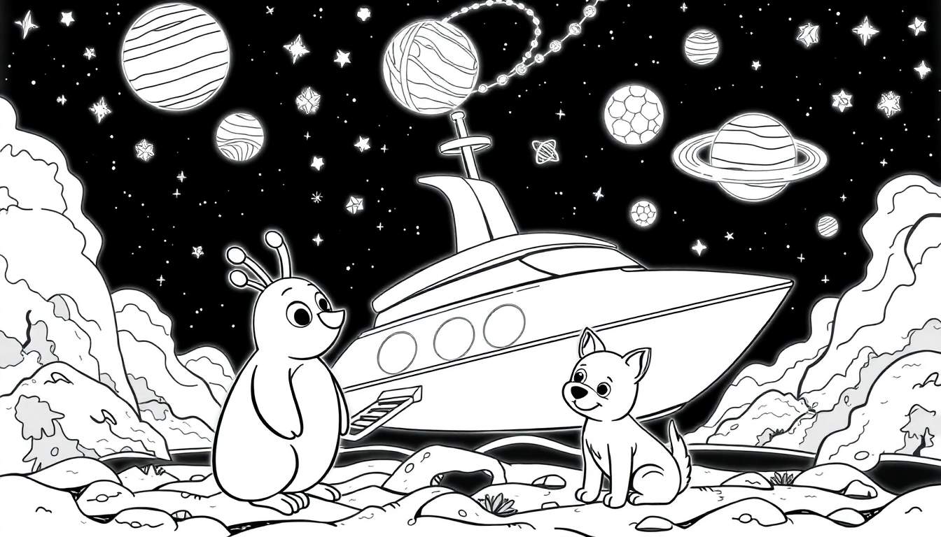 Um alienígena simpático e um cachorro fofo numa nave espacial com vista para planetas.