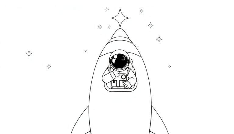 Um foguete elétrico decola com um astronauta acenando, iluminando o céu com estrelas.