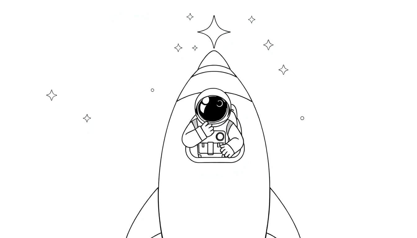 Um foguete elétrico decola com um astronauta acenando, iluminando o céu com estrelas.