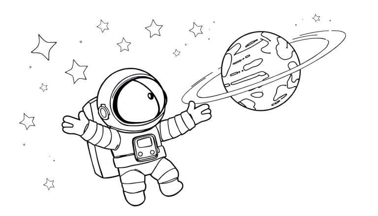 Um desenho infantil de um astronauta sorrindo flutuando no espaço perto de um planeta com anéis, com estrelas ao fundo.