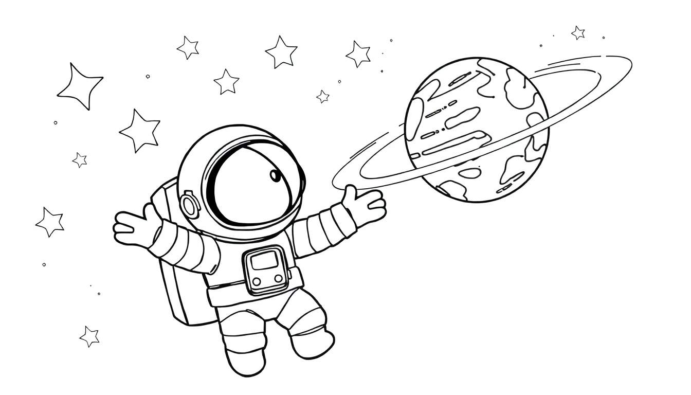 Um desenho infantil de um astronauta sorrindo flutuando no espaço perto de um planeta com anéis, com estrelas ao fundo.
