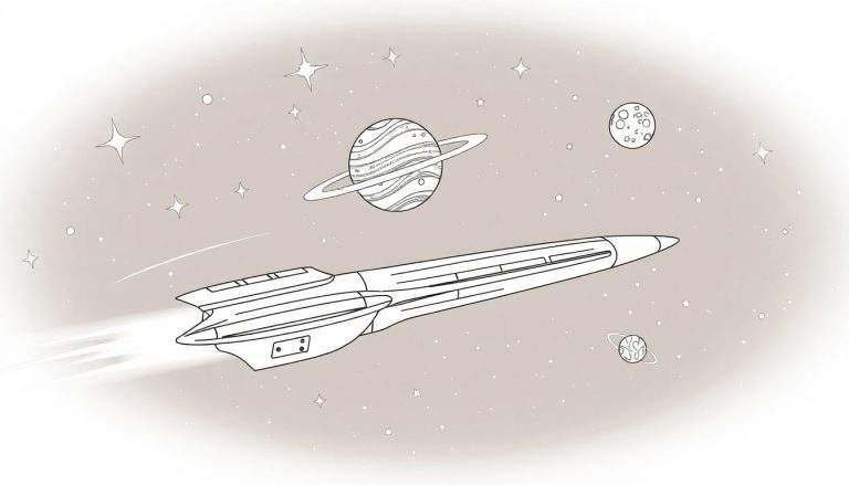 Ilustração de uma nave espacial minimalista em tons pastel viajando para a direita, com planetas e estrelas ao fundo.