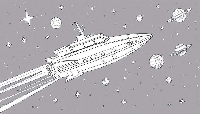 Desenho de uma espaçonave elegante em estilo de desenho animado viajando pelo espaço, com estrelas e planetas ao fundo. Um color panel para pintura.