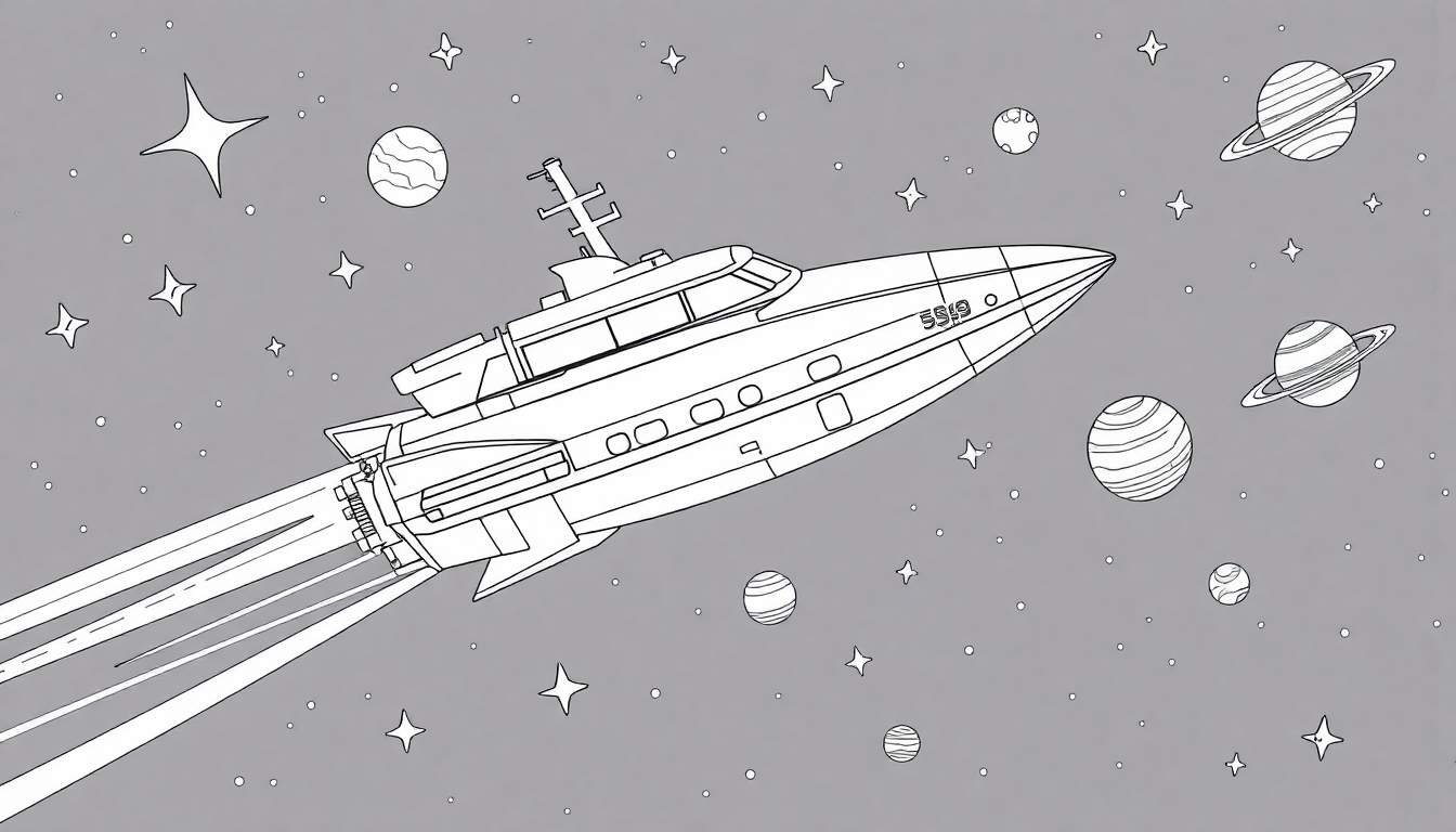 Desenho de uma espaçonave elegante em estilo de desenho animado viajando pelo espaço, com estrelas e planetas ao fundo. Um color panel para pintura.