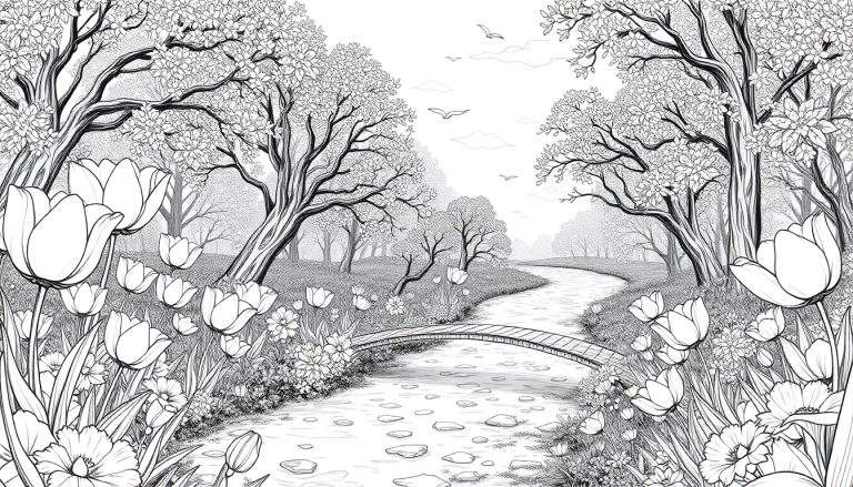 Um desenho intrincado de um rio sinuoso, ponte em arco, flores vibrantes e árvores floridas, com pássaros voando em um céu levemente nublado. color panel.