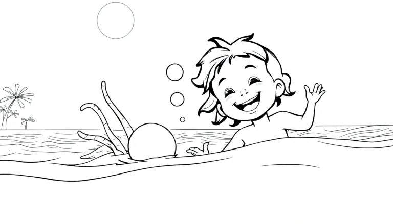 Um desenho a preto e branco de uma criança a brincar na água com uma criatura marinha misteriosa e palmeiras ao fundo, perfeito para um color panel.