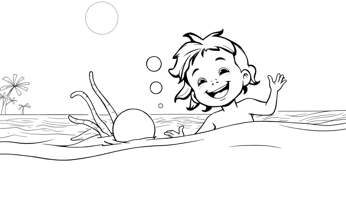 Um desenho a preto e branco de uma criança a brincar na água com uma criatura marinha misteriosa e palmeiras ao fundo, perfeito para um color panel.