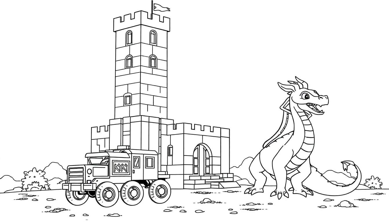 Desenho de um castelo medieval em cima de um caminhão, com um dragão amigável ao lado, em uma paisagem rochosa. O color panel inspira a criação.