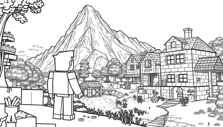 Um personagem cúbico a olhar para uma cidade com uma montanha ao fundo, numa cena tipo Minecraft, tudo em preto e branco num painel de colorir.