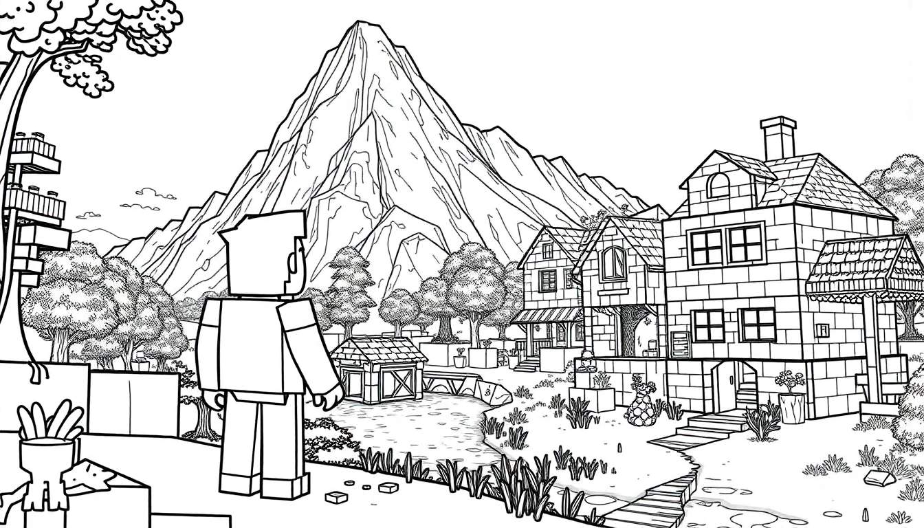 Um personagem cúbico a olhar para uma cidade com uma montanha ao fundo, numa cena tipo Minecraft, tudo em preto e branco num painel de colorir.