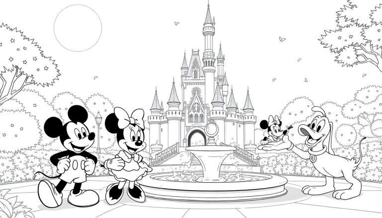 Mickey e Minnie em frente ao Castelo da Cinderela, com Pluto segurando uma Minnie em miniatura. Corações flutuam no céu.