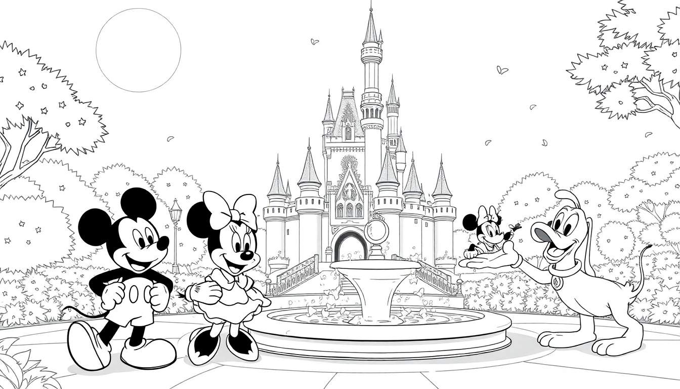 Mickey e Minnie em frente ao Castelo da Cinderela, com Pluto segurando uma Minnie em miniatura. Corações flutuam no céu.