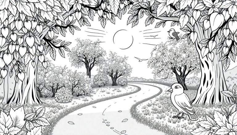 Desenho em preto e branco de uma paisagem outonal, como um livro de colorir, com árvores, uma estrada sinuosa e um sol radiante. Um color panel para criar.